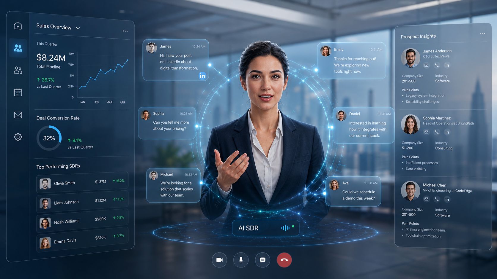 Representação gráfica de uma interface de inteligência artificial otimizando a prospecção de vendas no ambiente corporativo.