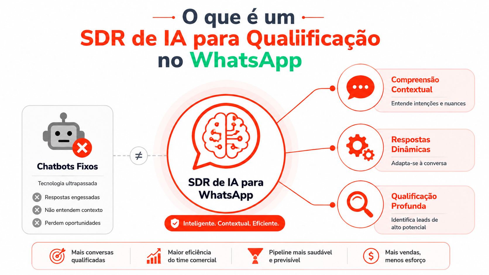 Infográfico comparando chatbots fixos obsoletos com um SDR de IA avançado para qualificação de leads no WhatsApp.
