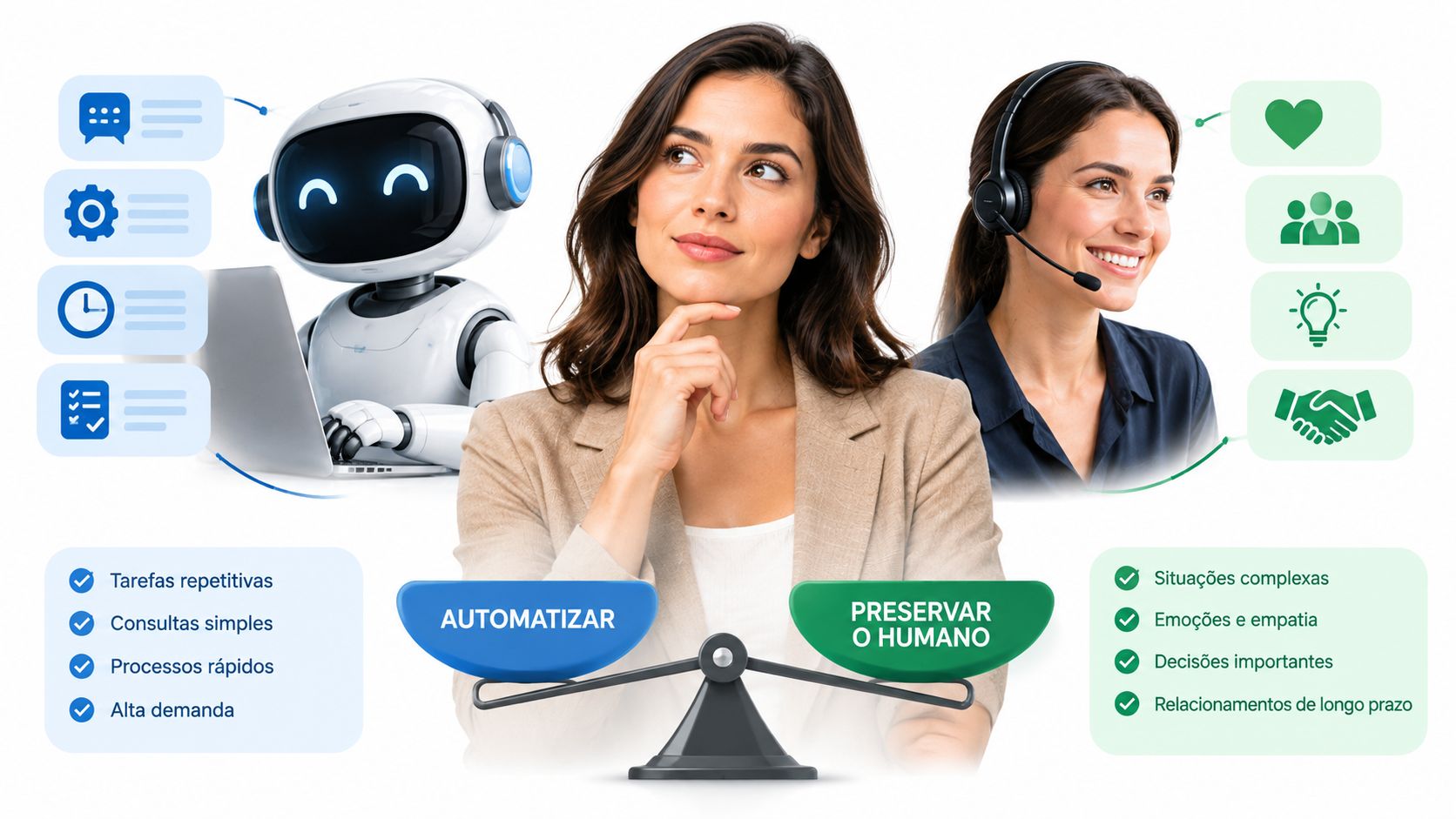 Uma mulher pondera sobre o equilíbrio entre automação por robôs e o atendimento humano personalizado e empático.