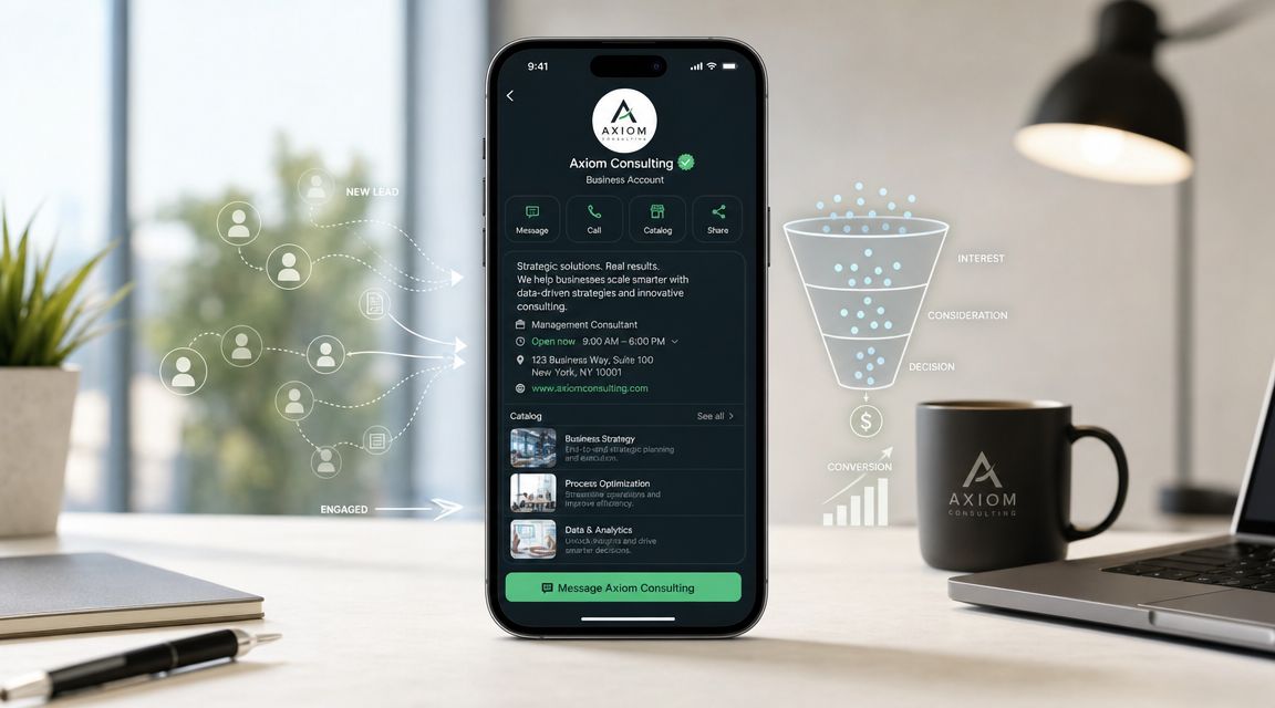 Exibição de um smartphone com perfil do WhatsApp Business da Axiom Consulting ao lado de um funil.