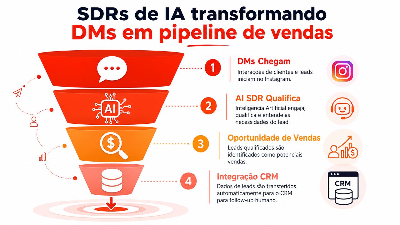 Fluxo de automação mostrando como uma inteligência artificial transforma mensagens diretas do Instagram em oportunidades de vendas no CRM.