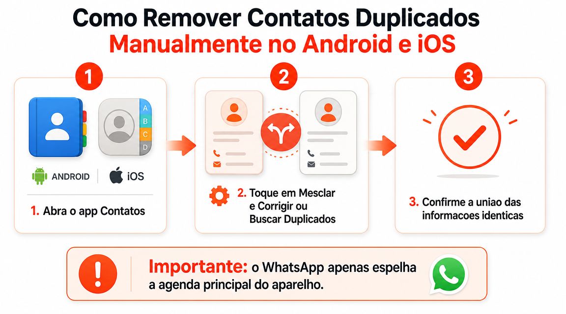 Infográfico com três passos simples para remover contatos duplicados manualmente em aparelhos Android e iOS.