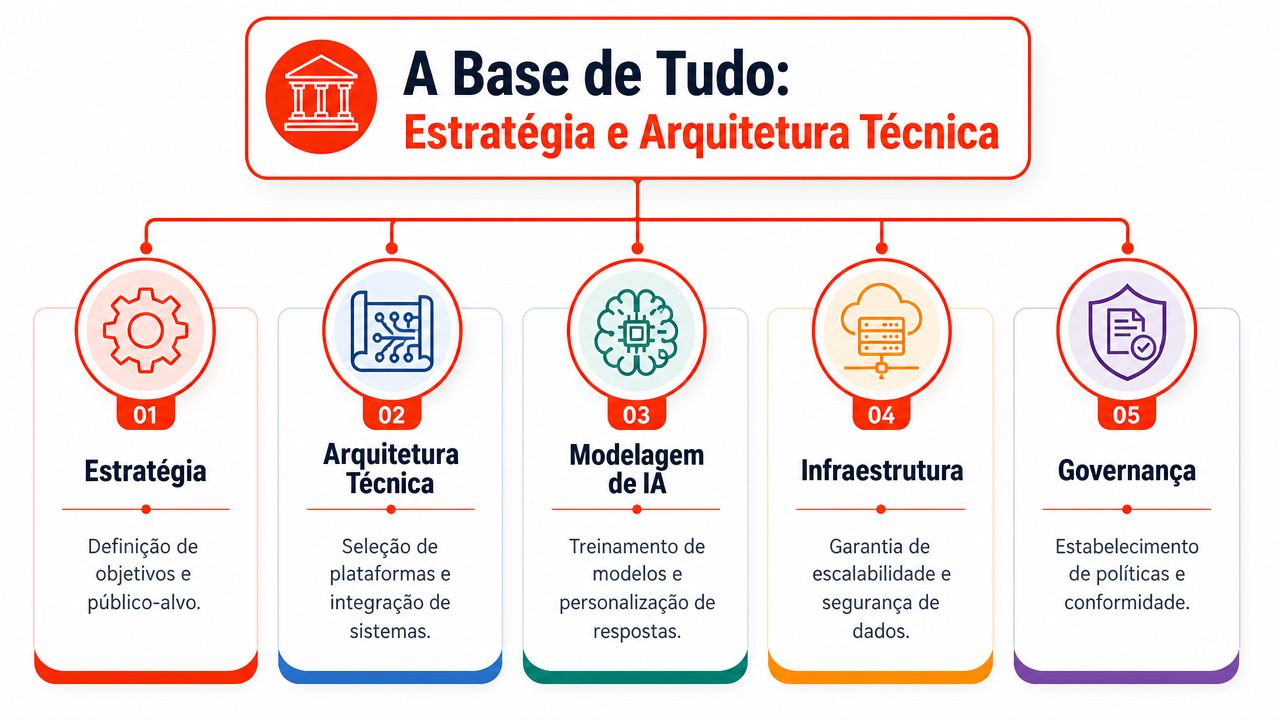 Diagrama com cinco pilares fundamentais para estratégia e arquitetura técnica de inteligência artificial em empresas.