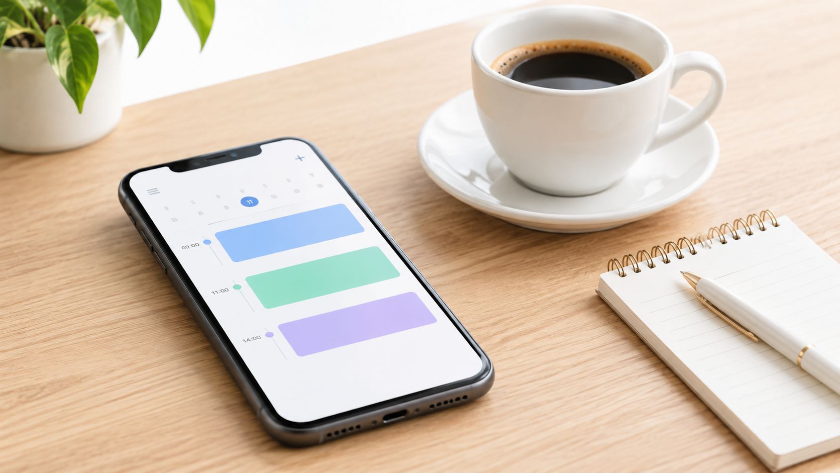 Smartphone com calendário digital sobre mesa de madeira ao lado de uma xícara de café e caderno.