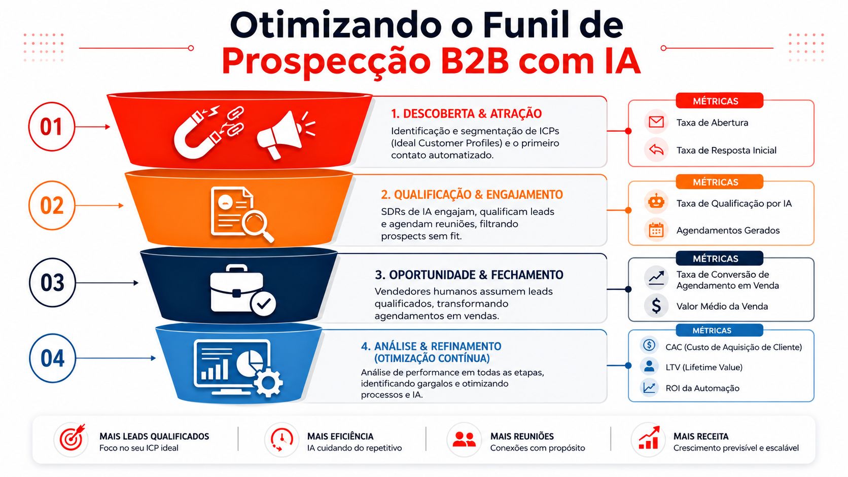 Infográfico ilustrando as quatro etapas de um funil de prospecção B2B otimizado com ferramentas de inteligência artificial.