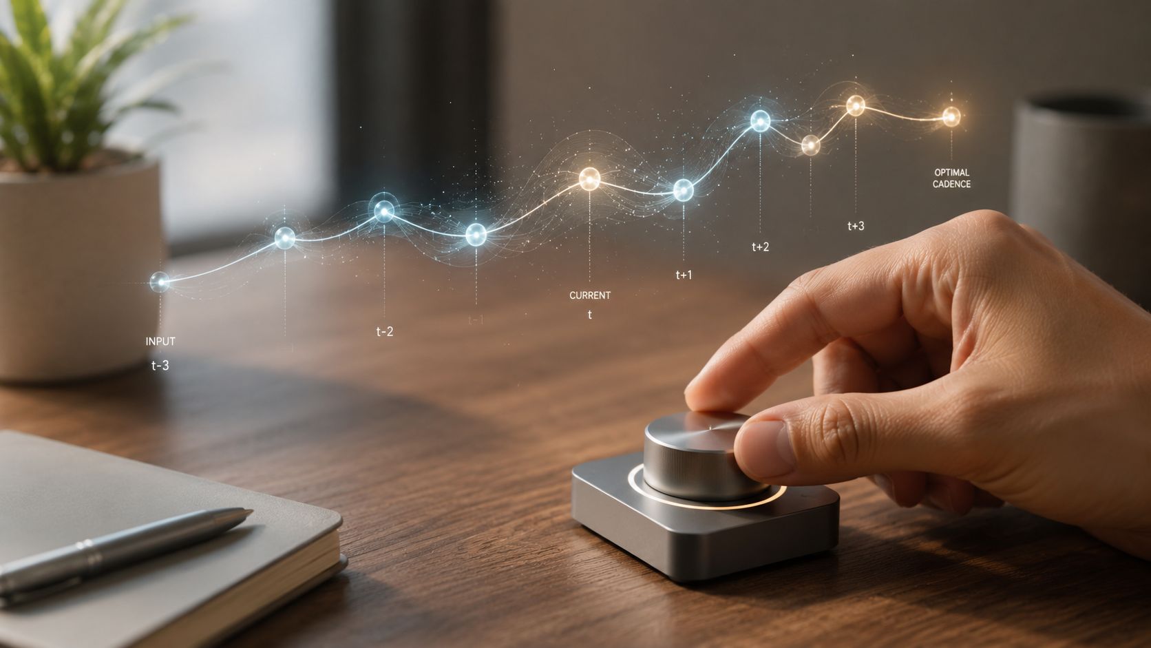 Mão humana ajustando botão de controle digital com gráfico de dados projetado sobre mesa de escritório.
