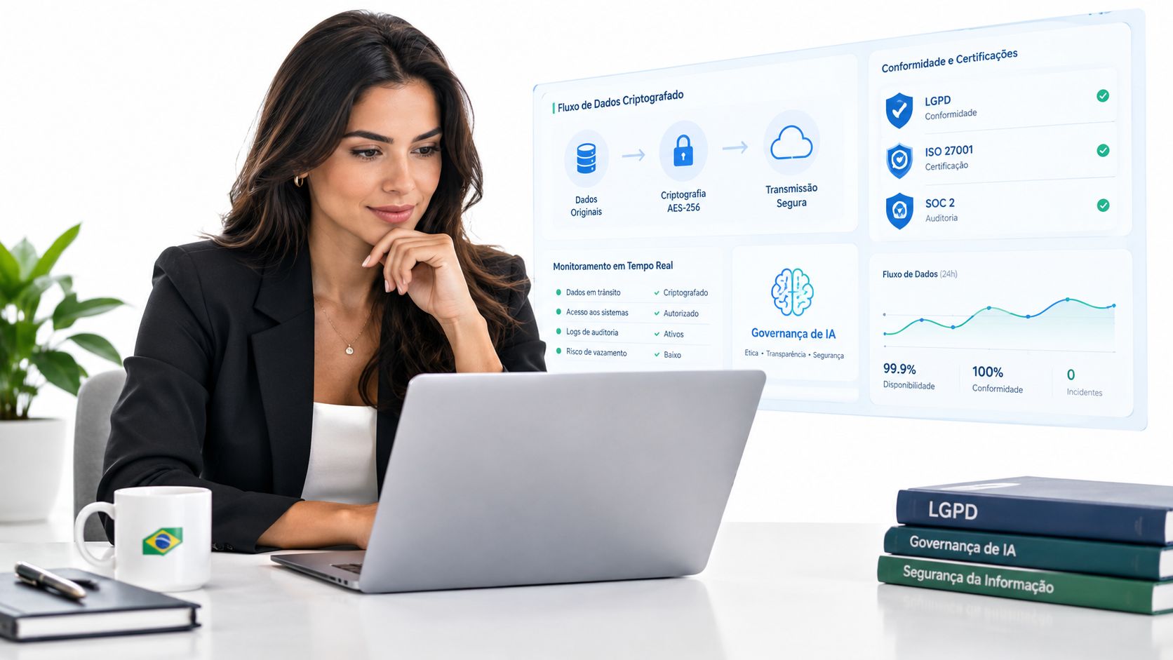 Uma executiva profissional analisando gráficos e fluxos de dados de segurança em um computador com interface futurista.