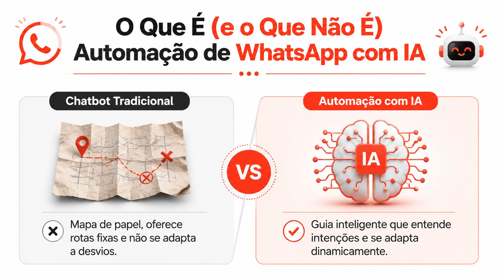 Comparação visual entre chatbot tradicional de fluxo fixo e automação inteligente com IA para WhatsApp.