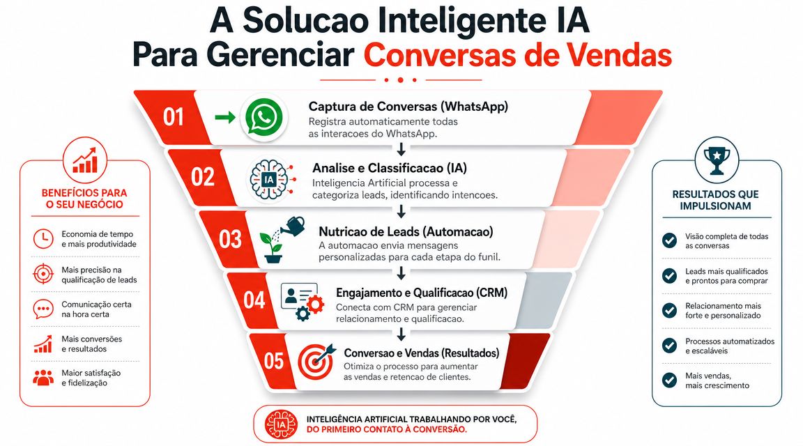 Fluxograma ilustrando um processo de automação de vendas usando inteligência artificial para gerenciar conversas de WhatsApp.