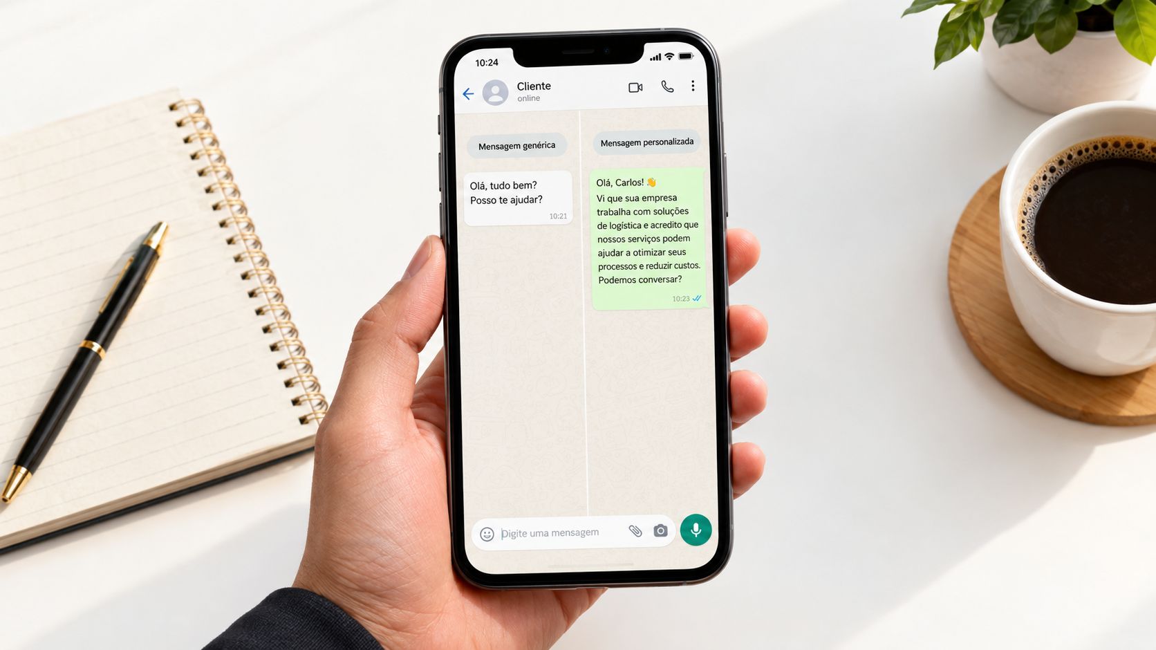 Uma mão segurando um smartphone exibindo uma comparação entre mensagem de vendas genérica e personalizada no WhatsApp.