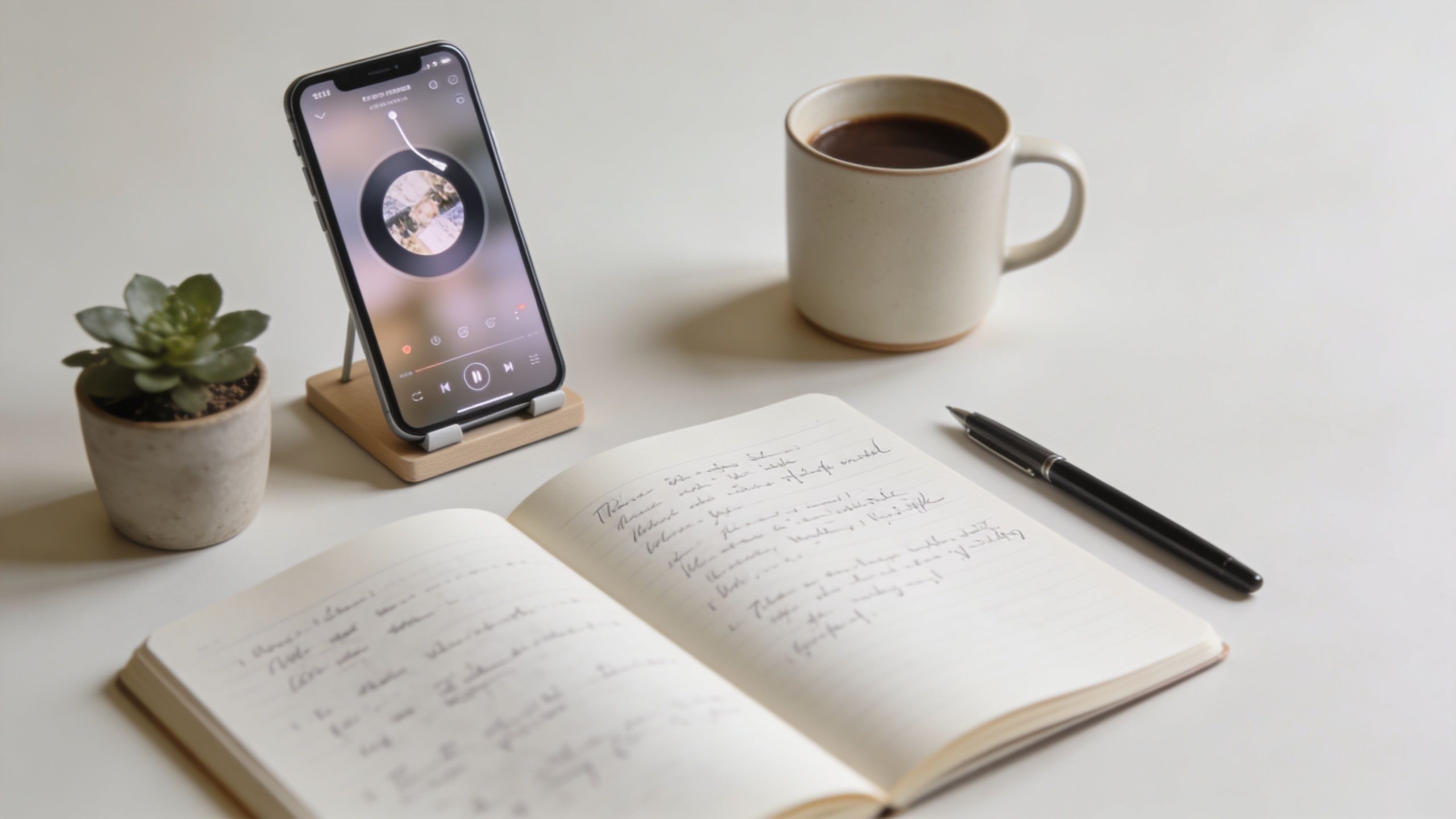 Mesa de escritório com smartphone, café, suculenta e um caderno aberto com anotações manuais.