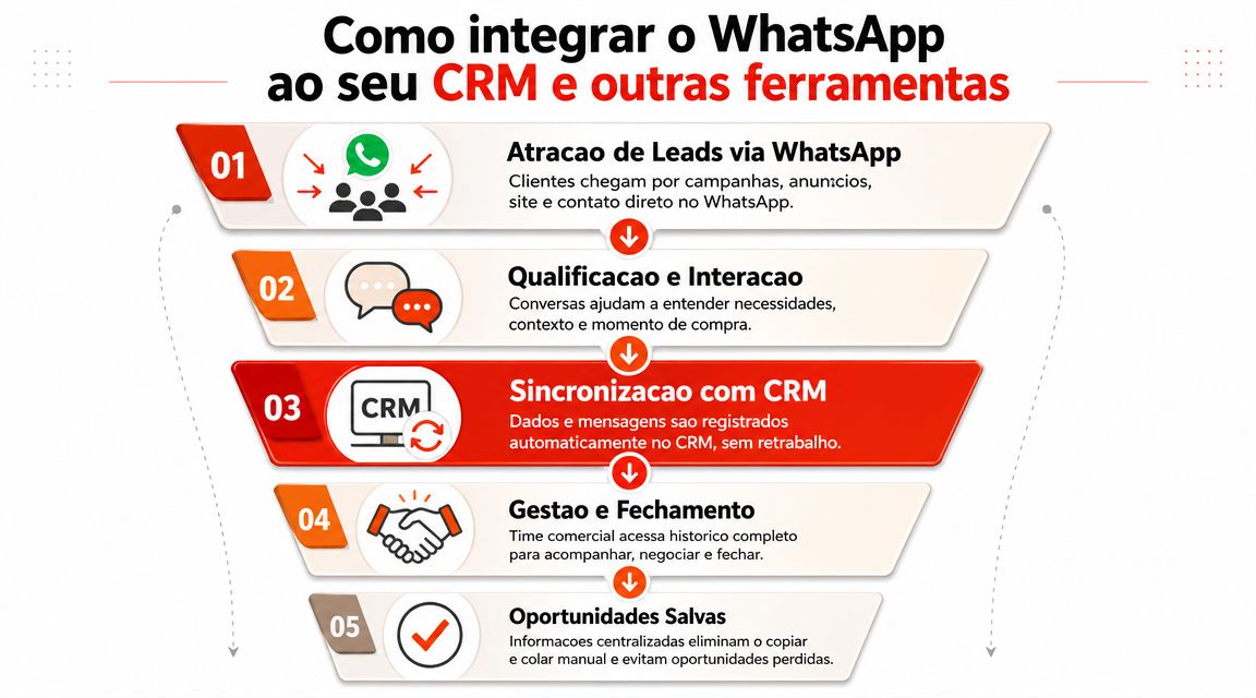 Fluxo em funil mostrando a integração do WhatsApp com CRM para gestão eficiente de vendas e leads.