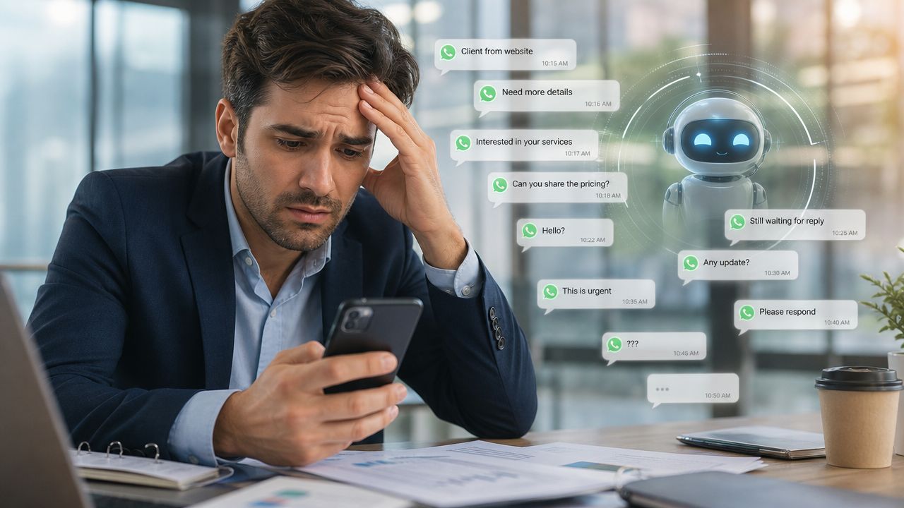 Homem de negócios estressado olhando para o celular cercado por mensagens digitais e um robô assistente virtual.