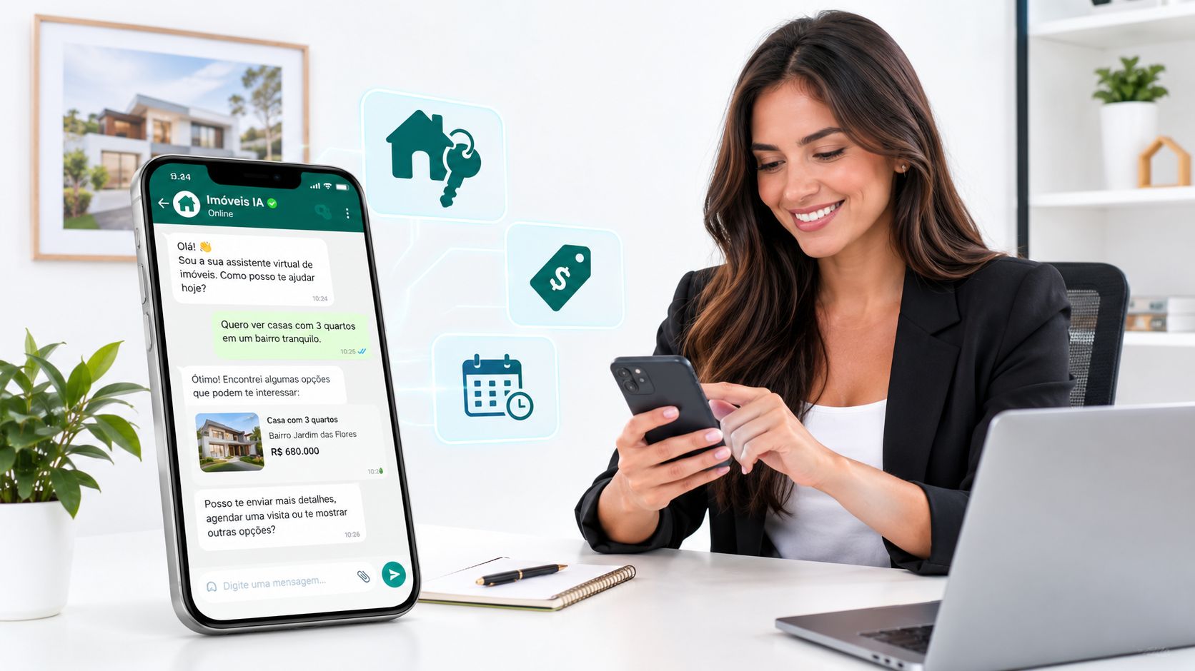 Mulher sorridente usando smartphone para interagir com assistente virtual de imobiliária em um escritório moderno.