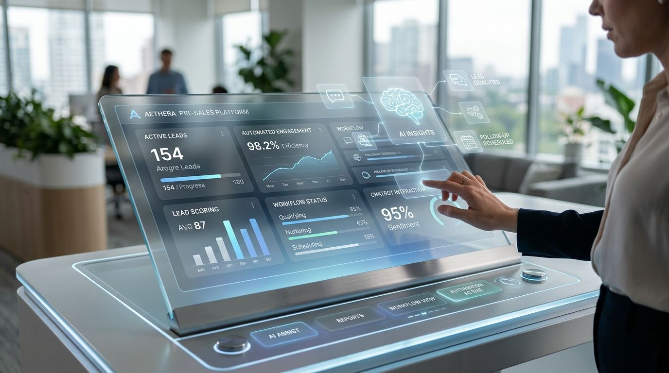 Uma mulher utilizando uma plataforma digital futurista de vendas com gráficos interativos e inteligência artificial no escritório.