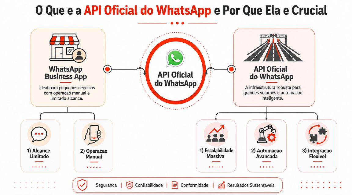 Infográfico comparando o WhatsApp Business App com a API Oficial do WhatsApp para empresas e automação.