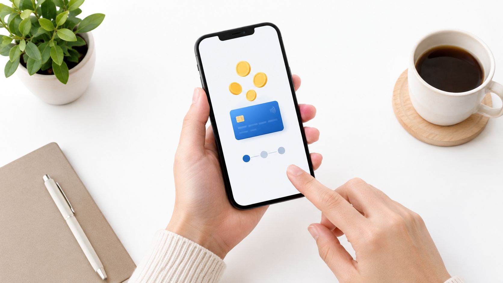 Mãos segurando um smartphone com um cartão de crédito na tela para pagamento de agendamento online.