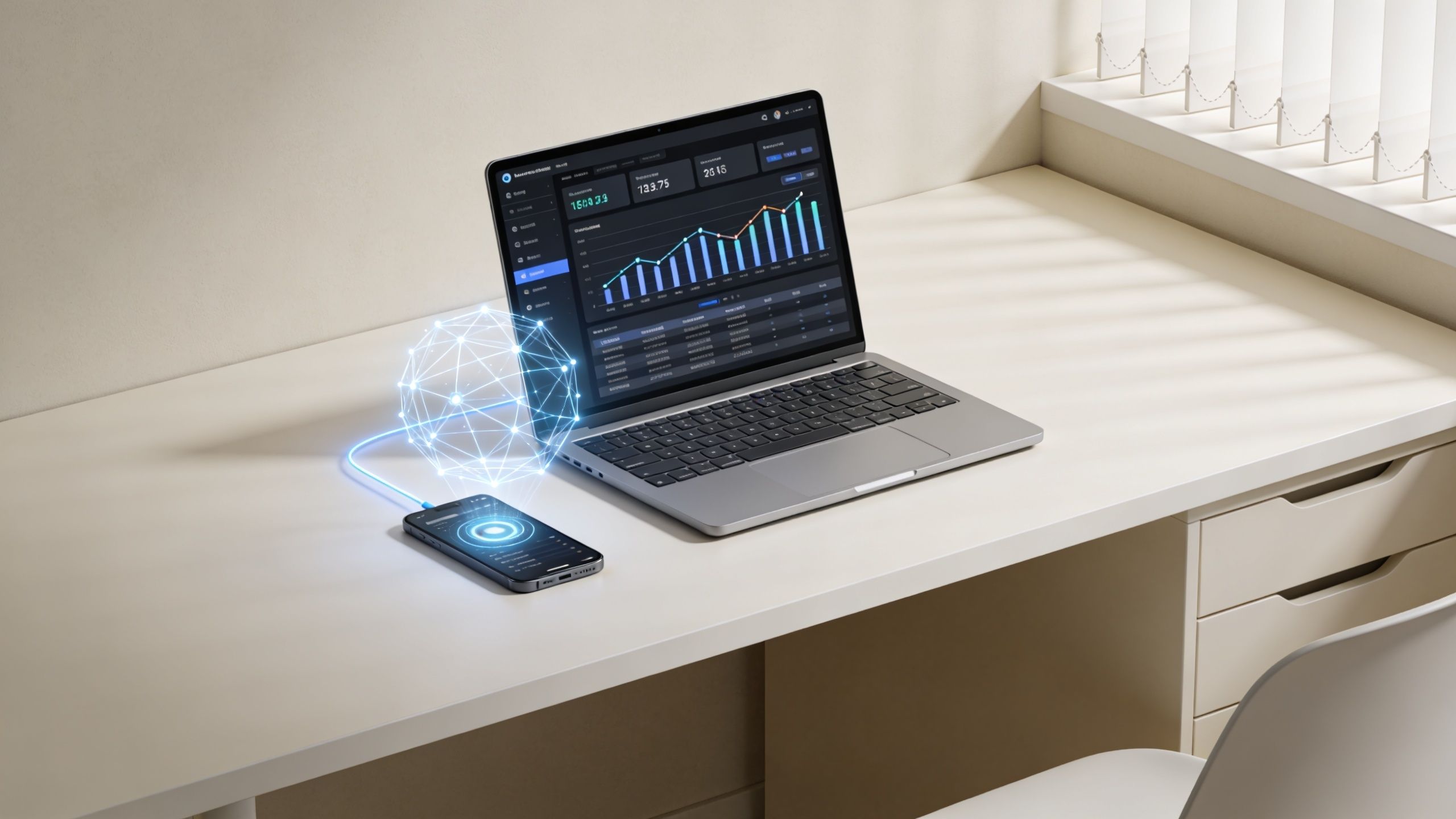 Laptop e smartphone conectados digitalmente sobre uma mesa em um escritório moderno com iluminação natural suave.