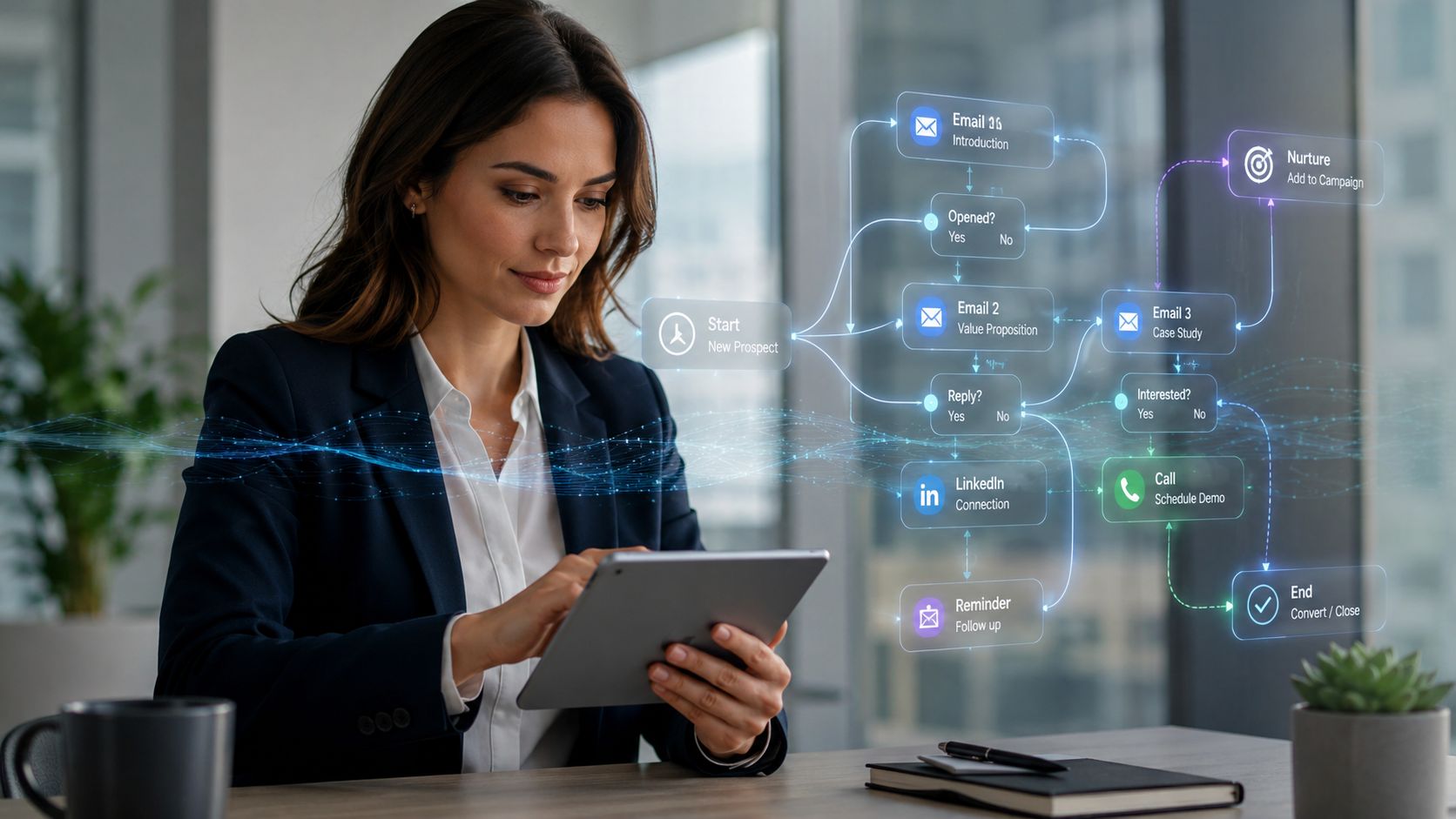 Uma executiva de negócios analisando um fluxo de automação de vendas B2B em um tablet moderno.