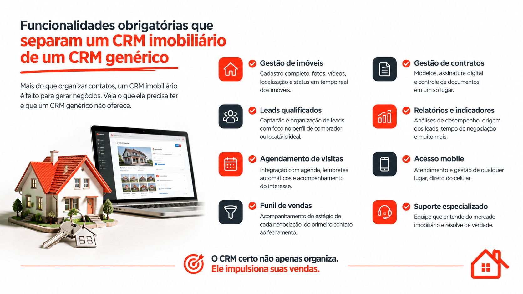 Infográfico destacando as funcionalidades essenciais de um CRM imobiliário comparado a um CRM genérico comum.