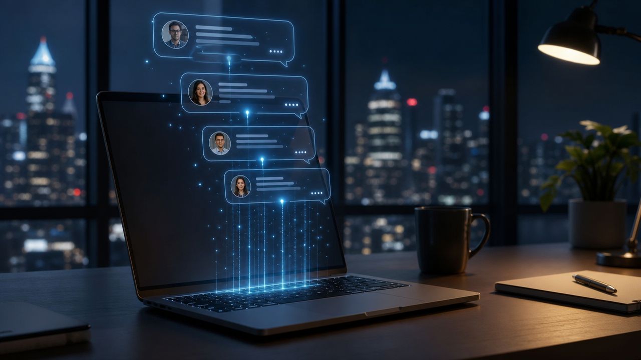 Laptop sobre uma mesa em escritório noturno com interface holográfica flutuante de mensagens e avatares de pessoas.