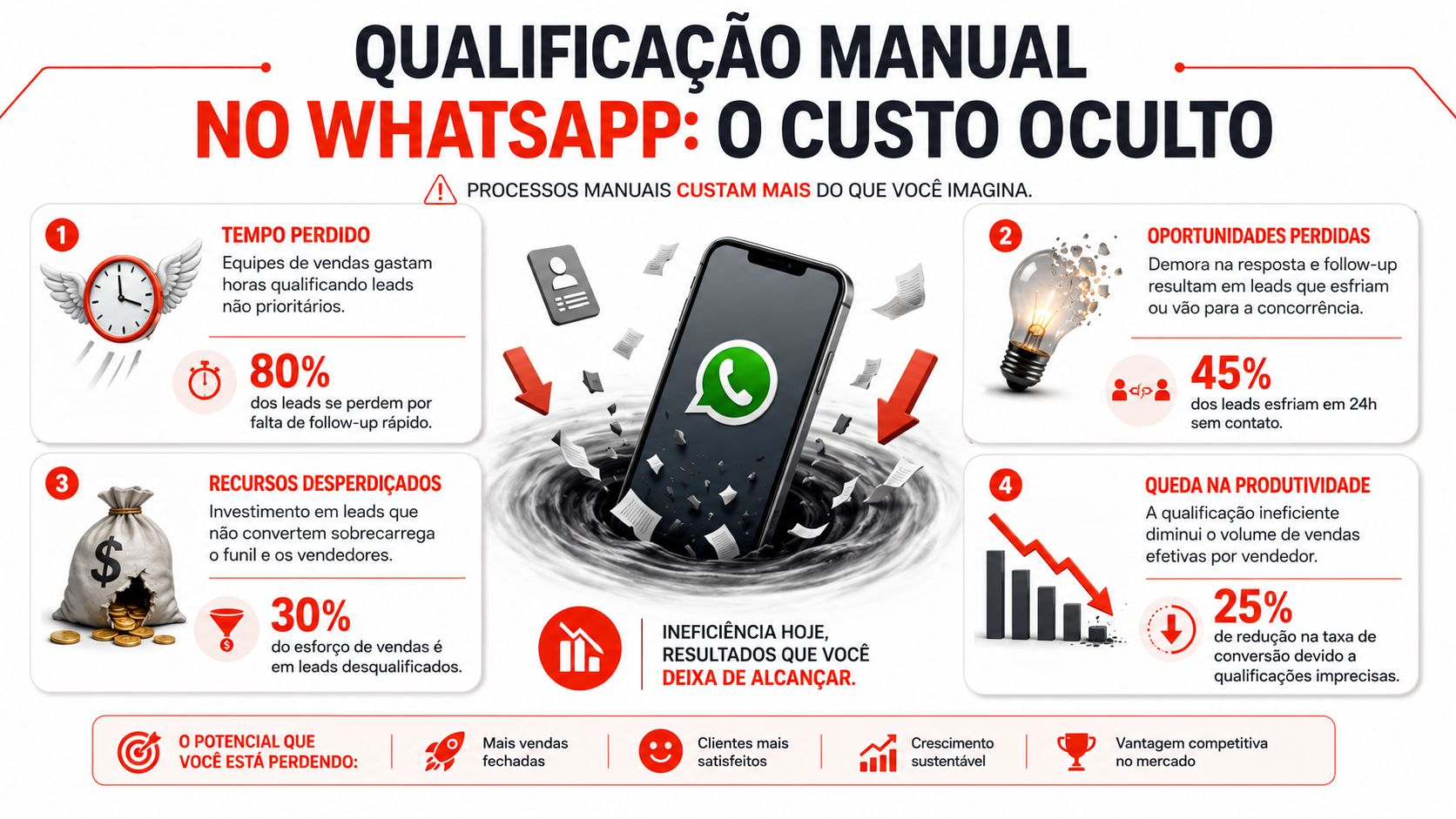 Infográfico sobre os custos ocultos de processos manuais de qualificação de leads no WhatsApp para empresas.