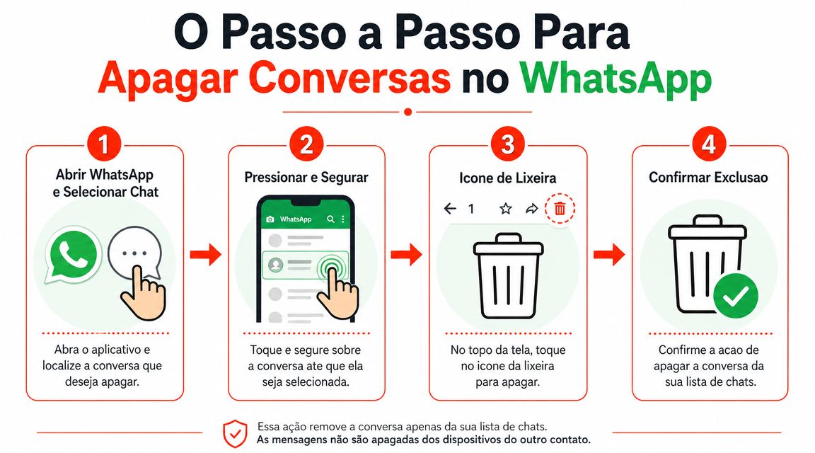 Infográfico com quatro passos simples para excluir conversas no aplicativo de mensagens WhatsApp em dispositivos móveis.