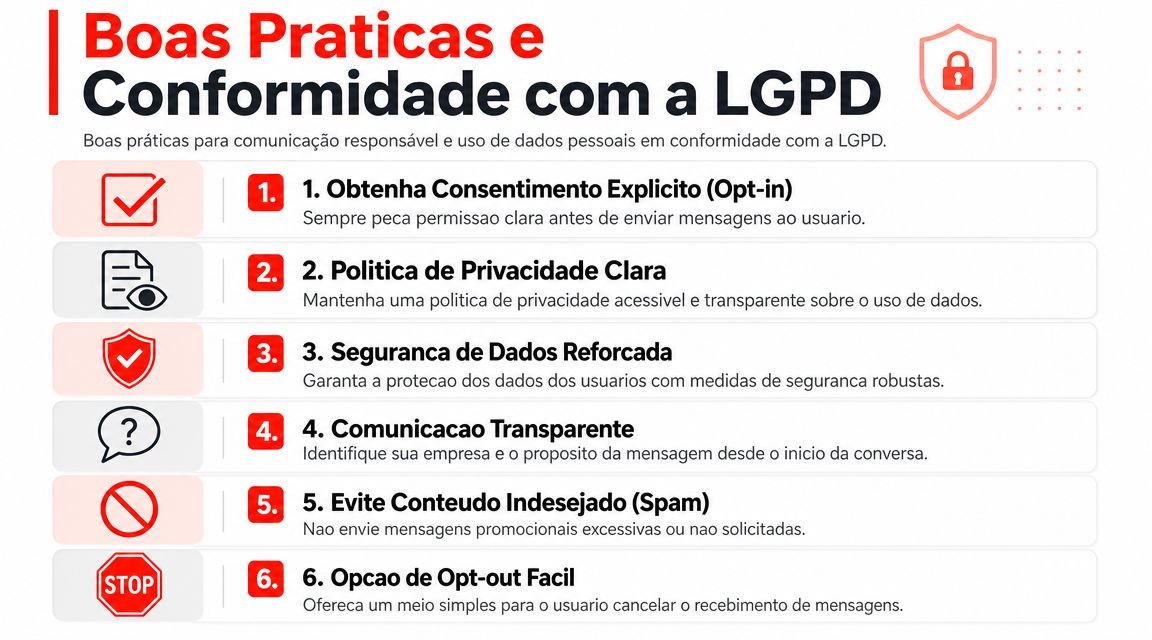 Infográfico com seis dicas sobre boas práticas e conformidade com a LGPD para comunicação responsável com usuários.