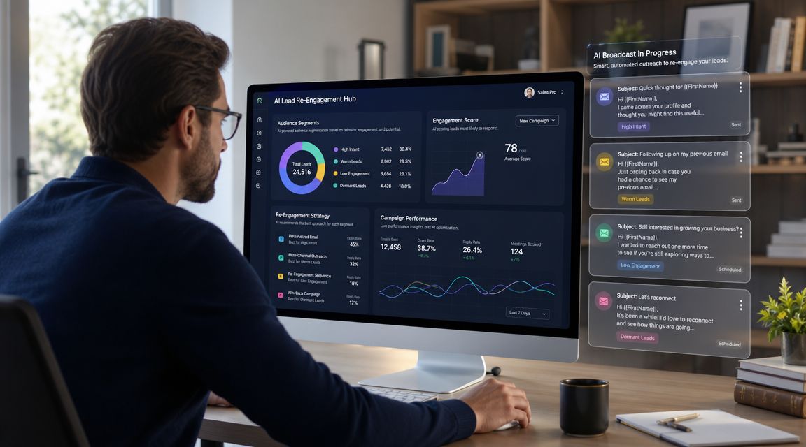 Homem trabalha em um computador com painel de inteligência artificial gerenciando campanhas de mensagens automáticas.