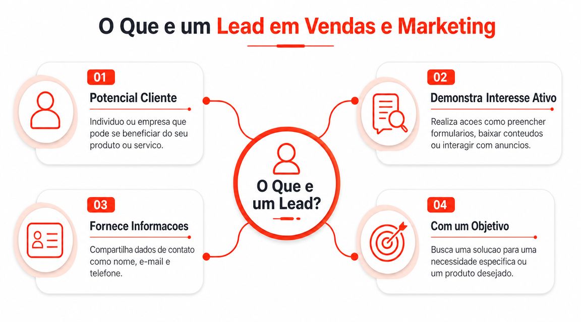 Infográfico educacional explicando o conceito de um lead em vendas e marketing com quatro pontos principais.