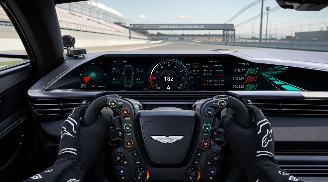 Painel de um carro esportivo com volante de corrida e pista visível ao fundo através do parabrisa.