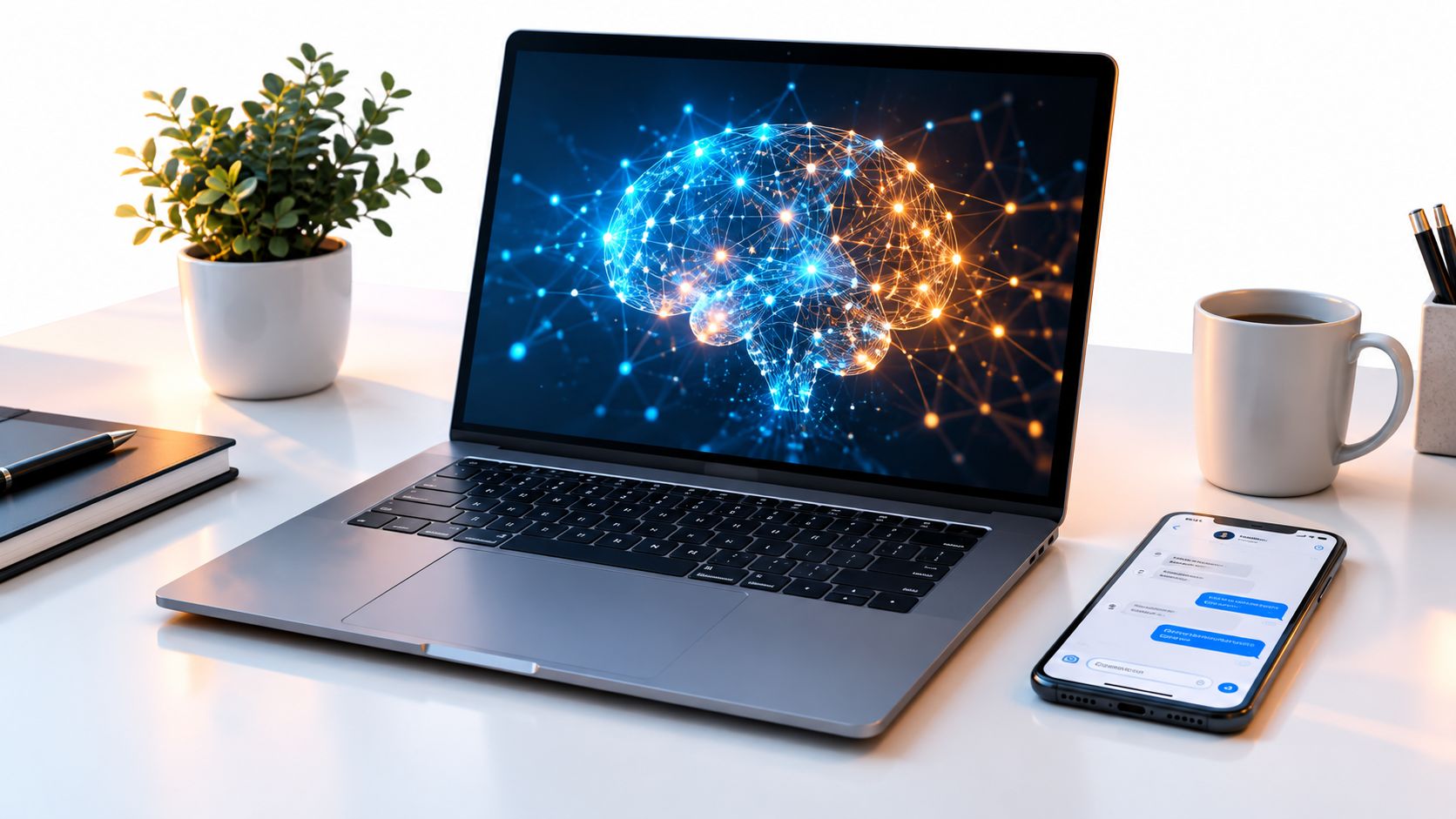 Laptop com gráfico de IA, planta, café e celular sobre mesa branca para automação de atendimento via WhatsApp.