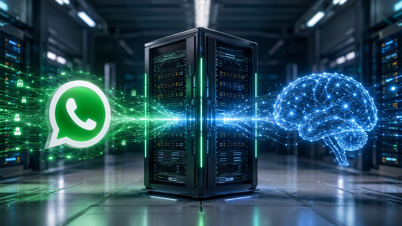 Servidor central conectado a um ícone do WhatsApp e a um cérebro digital com redes neurais.