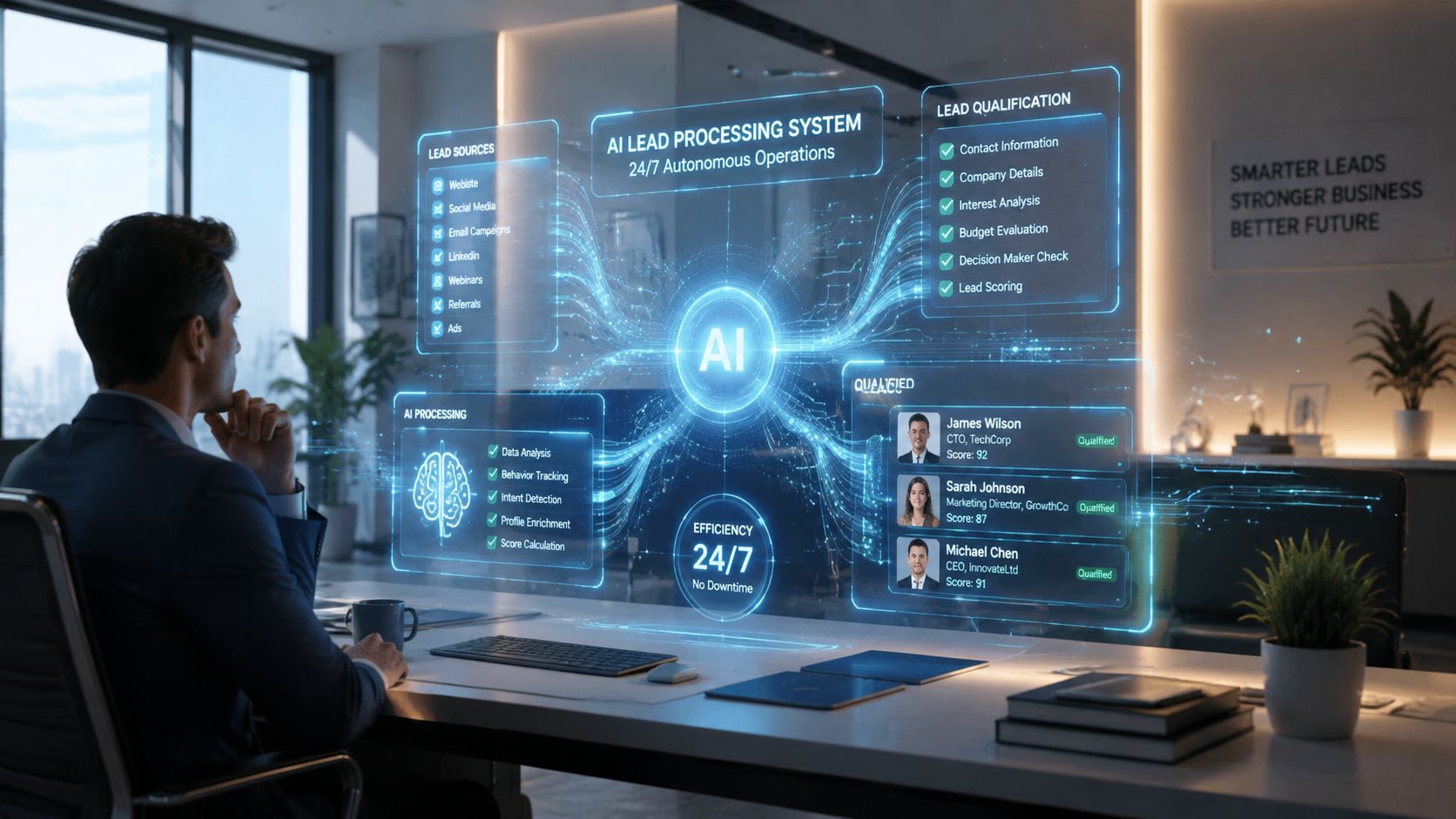 Homem de negócios visualizando um sistema avançado de processamento de leads com inteligência artificial no escritório.