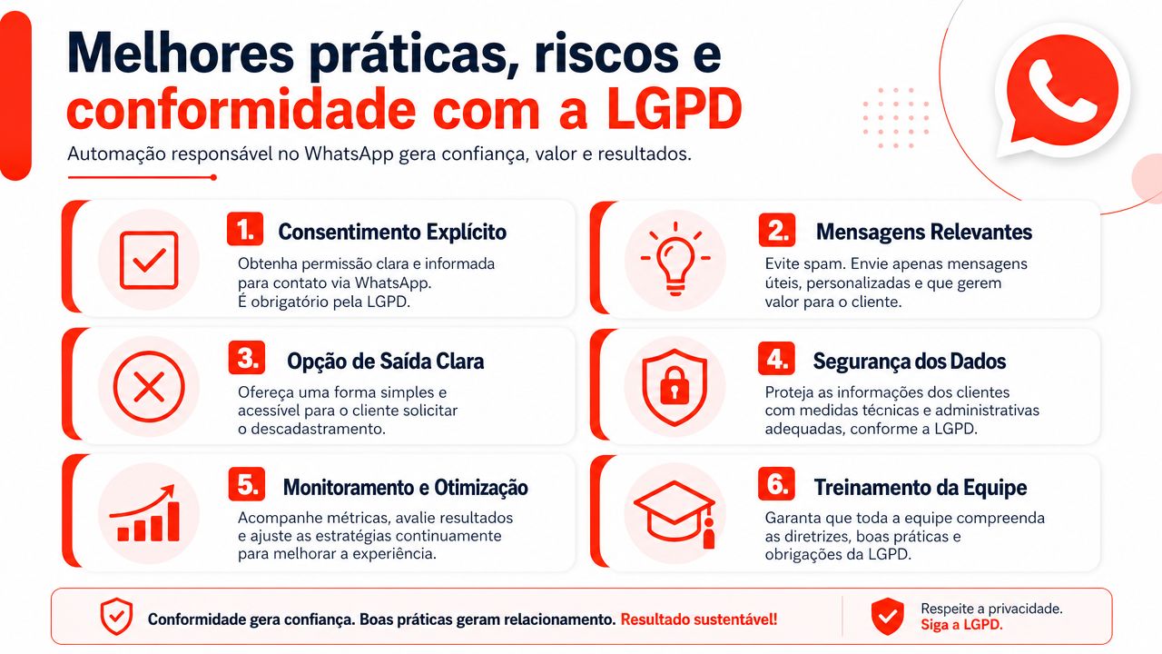 Infográfico com seis dicas sobre boas práticas, riscos e conformidade com a LGPD em automações de WhatsApp.