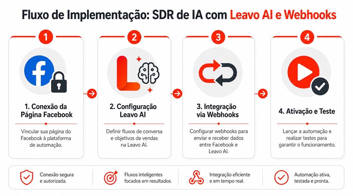 Fluxo de implementação passo a passo para conectar o Leavo AI ao Facebook usando Webhooks de automação.