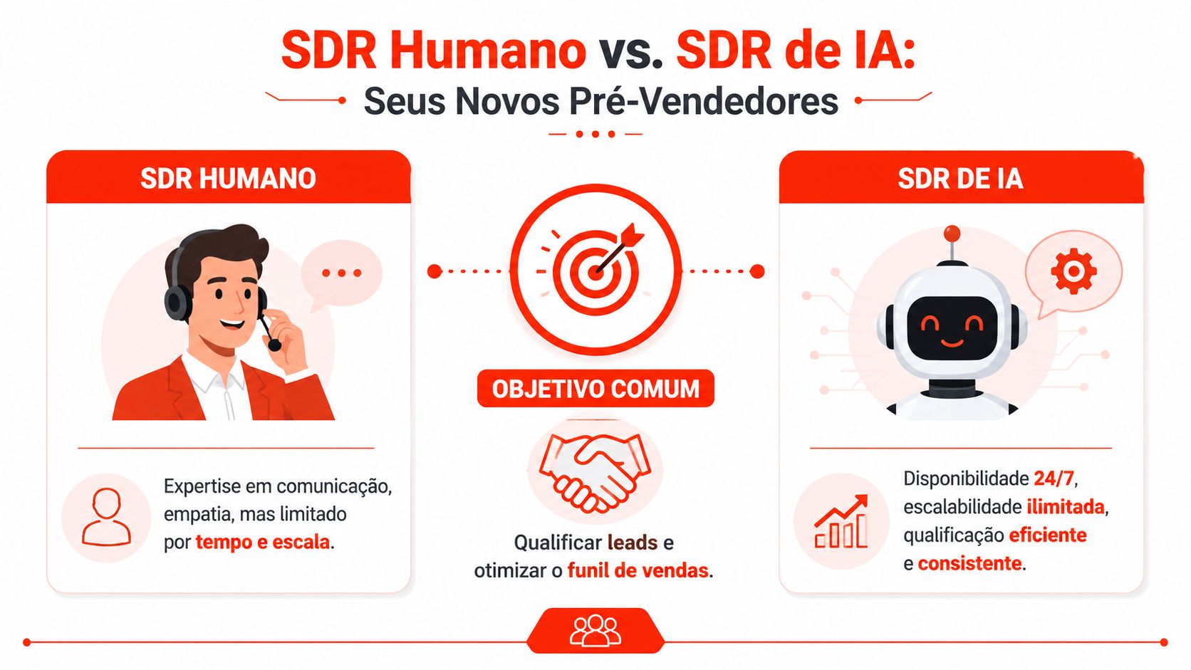 Comparação infográfica entre um SDR humano e um SDR de inteligência artificial para qualificação de vendas.