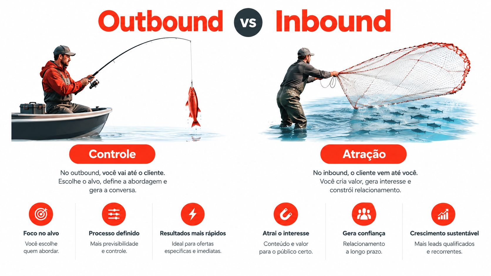 Comparativo visual entre marketing Outbound, focado em prospecção direta, e Inbound, focado em atração de clientes.