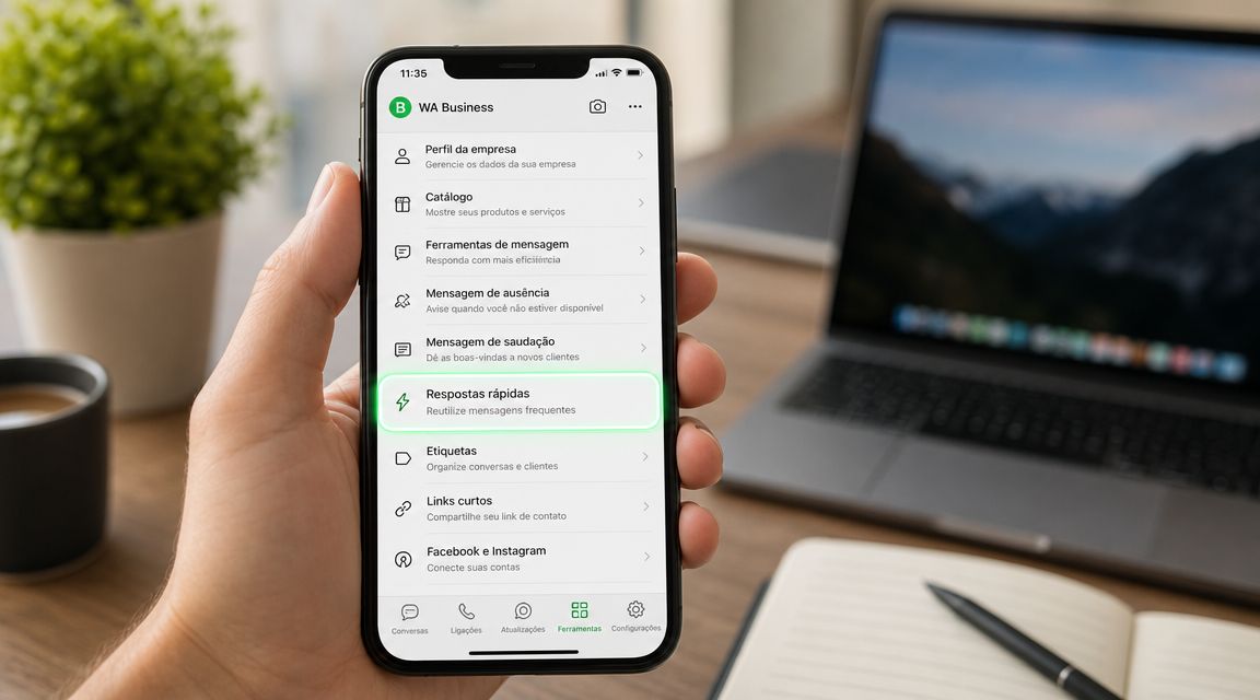 Uma mão segurando um smartphone com a interface do WhatsApp Business exibindo as ferramentas de configuração abertas.