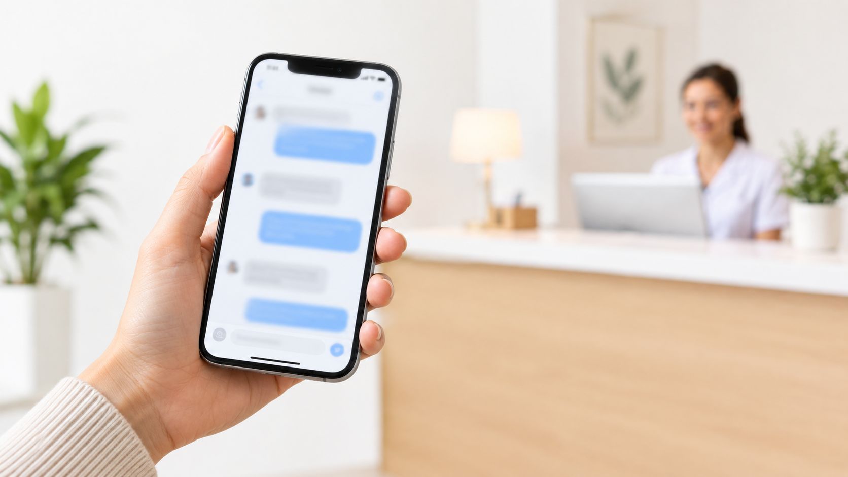 Uma pessoa segura um smartphone exibindo uma tela de mensagens de texto dentro de uma clínica médica.