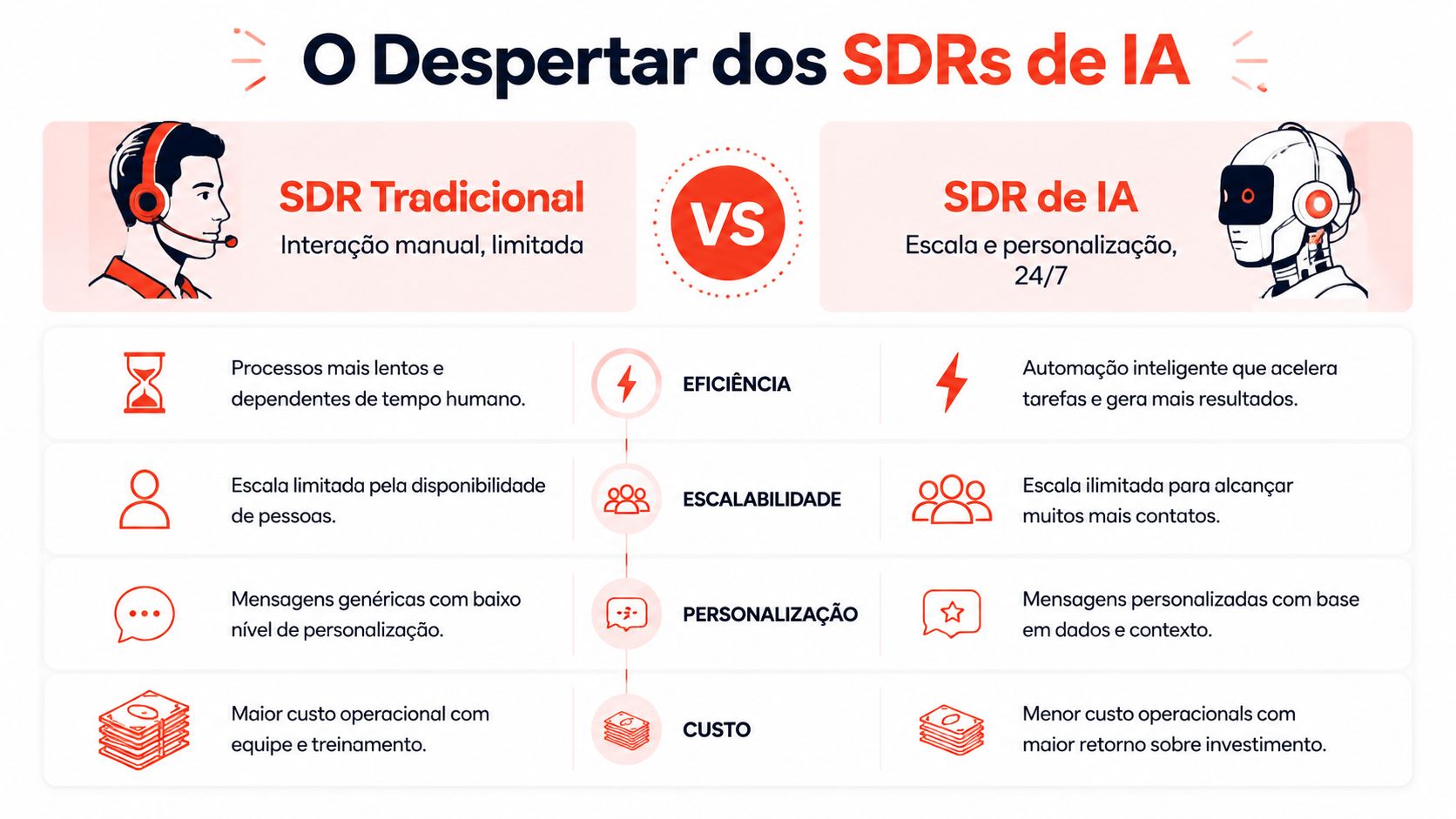 Comparativo visual entre SDR tradicional e SDR de IA, destacando eficiência, escalabilidade, personalização e custos operacionais.