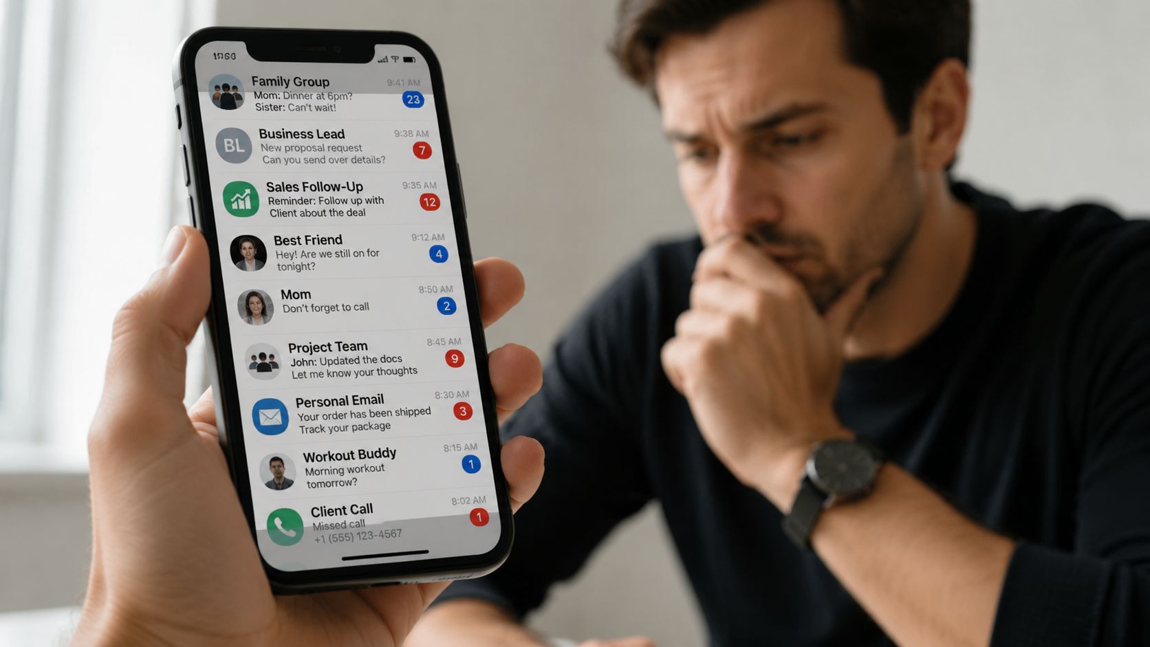 Homem preocupado observa uma tela de smartphone repleta de notificações de mensagens não lidas.
