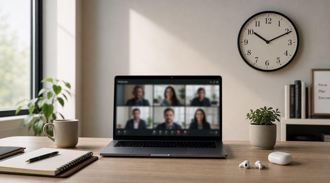 Computador em uma mesa com uma videochamada de equipe profissional, incluindo notebook, planta e relógio de parede.