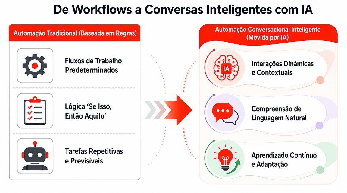 Comparativo entre automação tradicional baseada em regras e a moderna automação conversacional impulsionada por inteligência artificial.