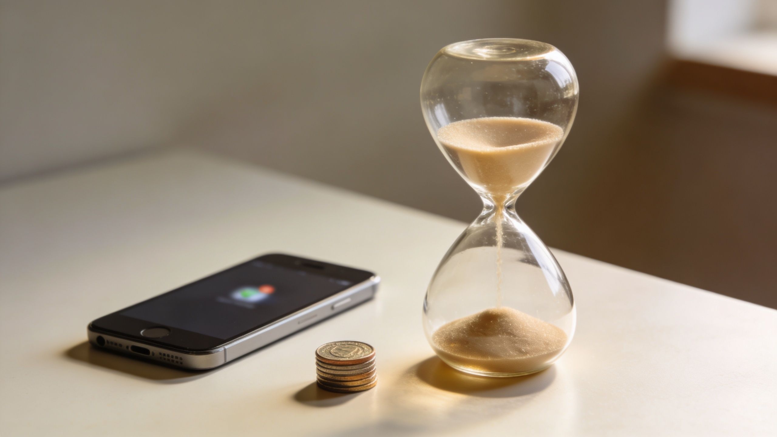 Um smartphone, uma pequena pilha de moedas e uma ampulheta sobre uma mesa branca com luz suave.