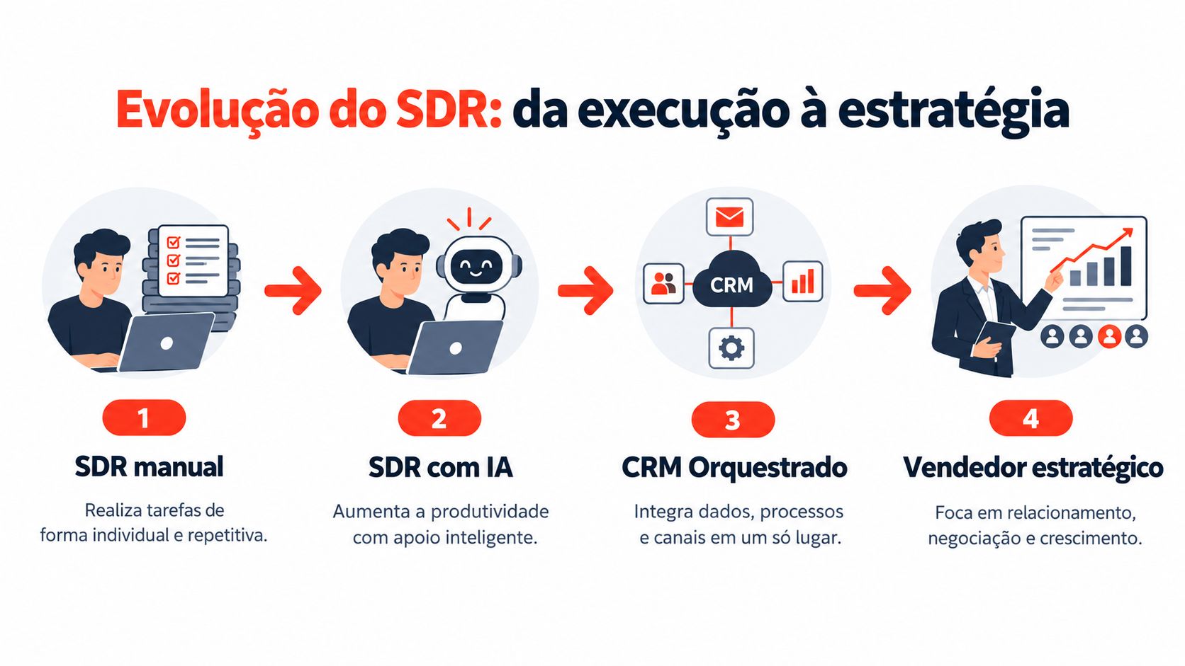 Infográfico ilustrando a evolução do papel do SDR, passando da execução manual para a estratégia inteligente.