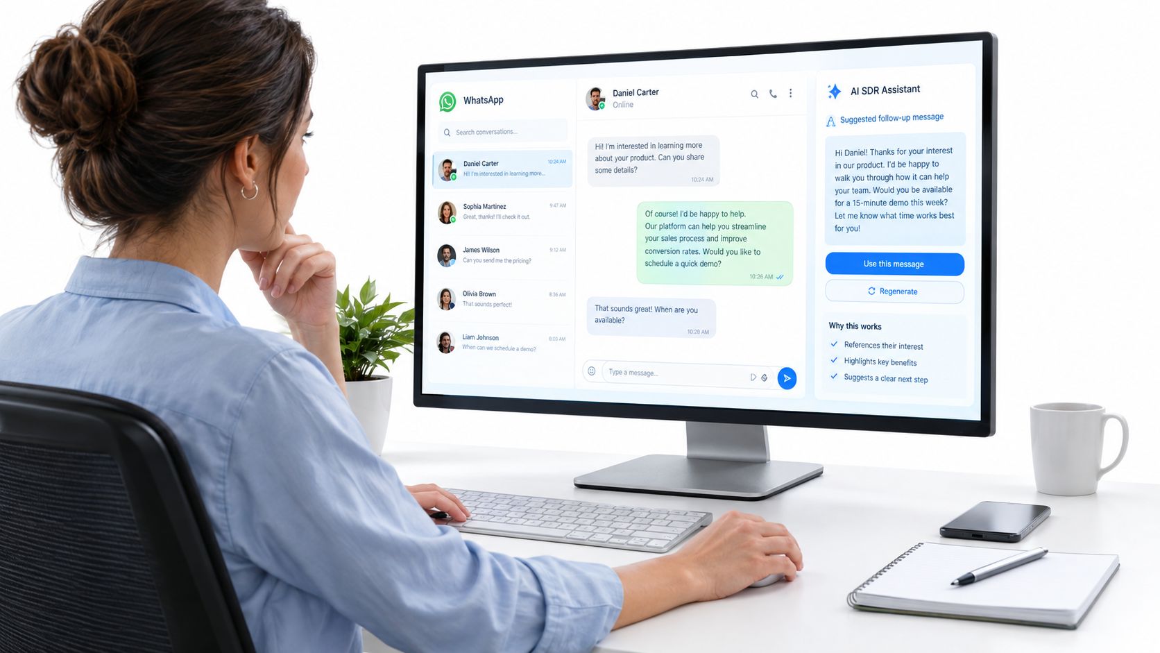 Mulher sentada à frente de um computador trabalhando com uma ferramenta de automação de vendas via WhatsApp.