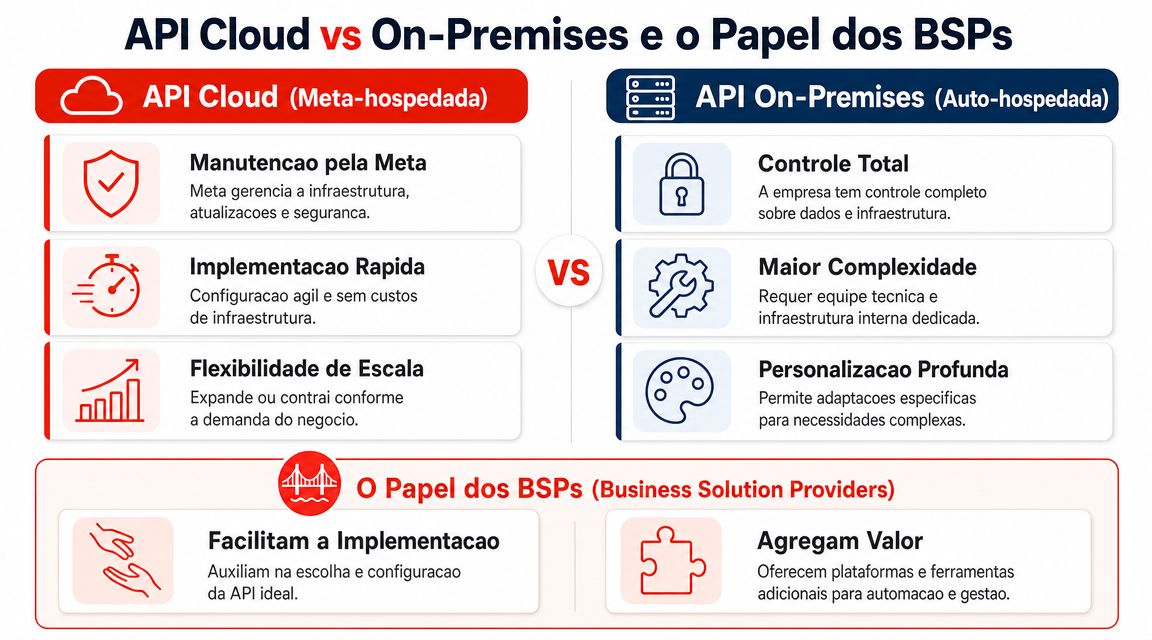 Comparativo entre API Cloud e On-Premises do WhatsApp e o papel dos Business Solution Providers.