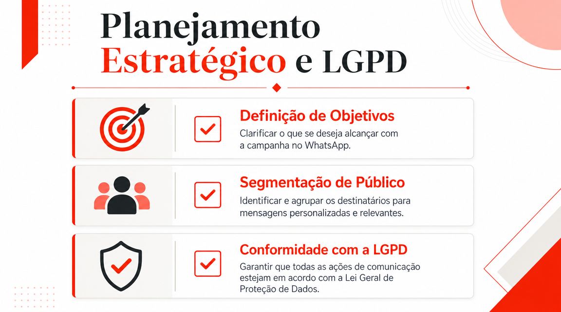 Infográfico sobre planejamento estratégico e LGPD para campanhas de marketing no WhatsApp em três passos essenciais.