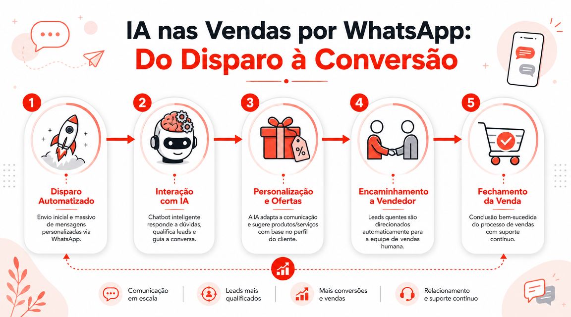 Infográfico ilustrando o processo de vendas por WhatsApp utilizando inteligência artificial, do disparo inicial até o fechamento.